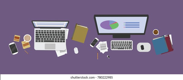 Landscape image of workplace equipment, laptop, desktop, mouse, mobile, phone, file, papers, coffee, pencil and chart in monitor screen vector.