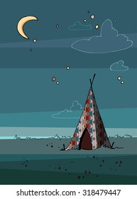Landscape with an indian wigwam at night. Beautiful romantic landscape. Indian and aztec motives.