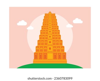 Landscape of India's largest religious temple, a tall architectural structure for worship. Character design. Vector flat illustration