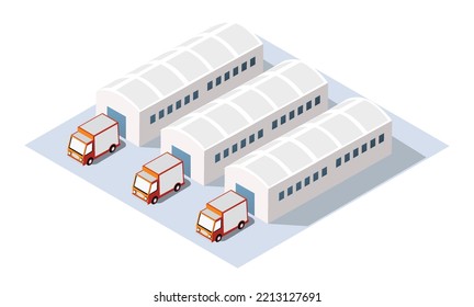 Landscape of industrial objects plant, factories, parking lots and warehouses. Isometric top view the city 