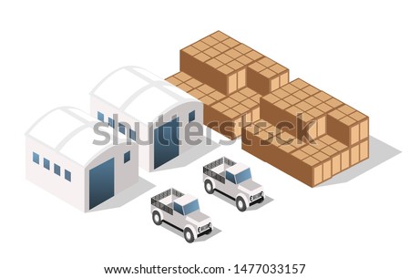 Landscape of industrial objects plant, factories, parking lots and warehouses. Isometric top view the city with streets, buildings and trees. Town construction industry