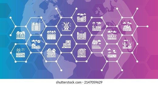 Pancarta de infografía paisajística con elementos de icono. Puente, Bosque, Jardín, Volcán, Ilustración vectorial de molino de viento para banner del sitio web de cabecera.