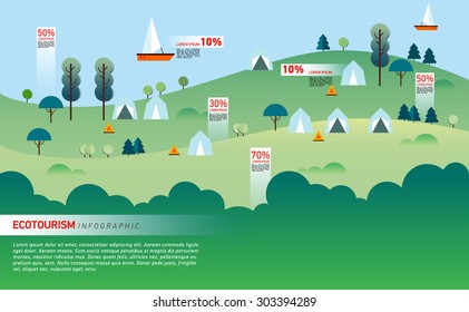 Landscape Infographics. Lake and Hills Hiking Route. Ecotourism. Flat illustration. nature and outdoor, park, garden. Ecology structure. Green energy