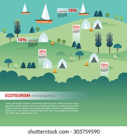 Landscape Infographics. Lake and Hills Hiking Route. Ecotourism. Flat illustration. nature and outdoor, park, garden. Ecology structure. Green energy