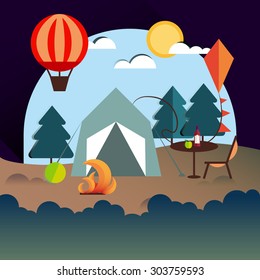 Landscape Infographics. Lake and Hills Hiking Route. Ecotourism. Flat illustration. nature and outdoor, park, garden. Ecology structure. Green energy
