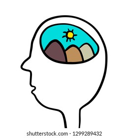 Landscape inside head hand drawn illustration cartoon style minimalism
