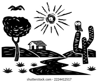 Landscape of the interior of Paraíba. Tree, owl and small house. separate vectors