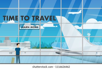 Landscape interior view of the airport terminal with landscape view of airport terminal and huge airplane(plane,areoplane) with copy space for text "Time to travel" on the terminal's glass window