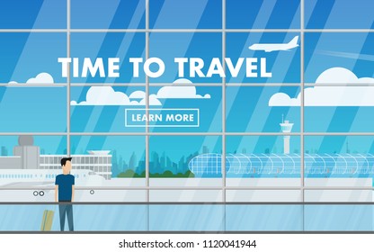 Landscape interior view of the airport terminal with landscape view of airport terminal and airplane-plane in the sky -- with copy space for text "Time to travel" on the terminal's glass window