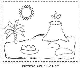 Landscape with the island of dinosaurs. Volcano, palm trees, sand, stones, sun, dinosaur eggs. Vector illustration in stitch style. For educational games, app, web. prehistoric cartoon panorama