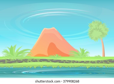 Landscape Island with an inactive volcano. Paradise island with green shrubs and trees, surrounded by water. Cartoon style. Seamless grounds. Ready Parallax. Vector illustration.