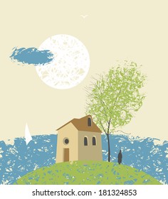 Landscape with an island on the beach with house and tree
