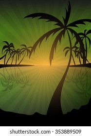 Landscape island paradise with palm trees and sunset on the background of the sea.vector illustration eps10.