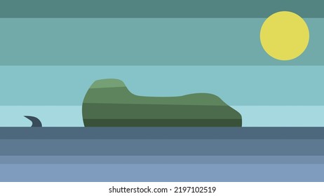 Landscape of the island in the sea. Shark. Vector