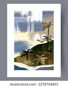 Landscape island tropical resort wall art print. Contemporary decorative background with resort. Printable minimal abstract island poster. Wall artwork for interior design.