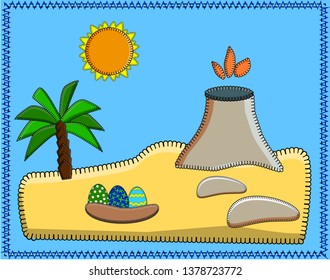 Landscape with the island. Volcano, palm trees, sand, stones, sun, dinosaur eggs. Vector illustration in stitch style. Dino pattern for educational games, web-aplication. prehistoric cartoon panorama