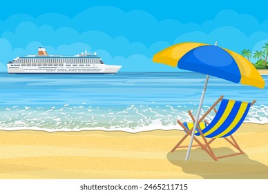 Landscape of islands and beach. Cruise liner ship. Day in tropical place. Vector illustration in flat style