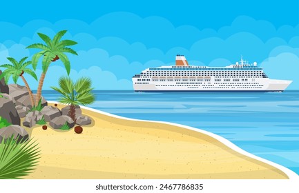 Landscape of islands and beach. Cruise liner ship. Sun with reflection in water and clouds. Day in tropical place. Vector illustration in flat style