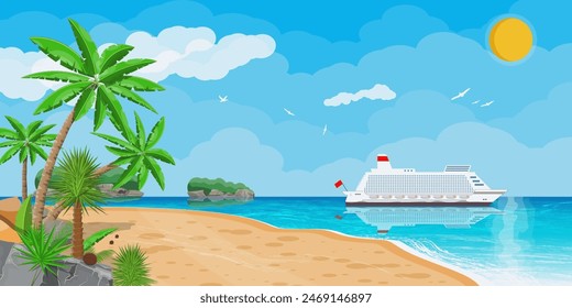 Landscape of islands and beach. Cruise liner ship. Sun with reflection in water and clouds. Day in tropical place. Vector illustration in flat style