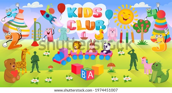 Landscape with islands, mountains.
Cartoon background with lots of toys for kids.The concept of a
children's playroom, birthday, kids club, kindergarten,
school