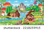 Landscape with islands, mountains and a river and houses of hobbits and gnomes. Fantasy castle with towers on the island.Vector cartoon landscape with kingdom, islands, rocks, big lake and clouds.  