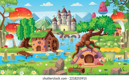 Landscape with islands, mountains and a river and houses of hobbits and gnomes. Fantasy castle with towers on the island.Vector cartoon landscape with kingdom, islands, rocks, big lake and clouds.   svg