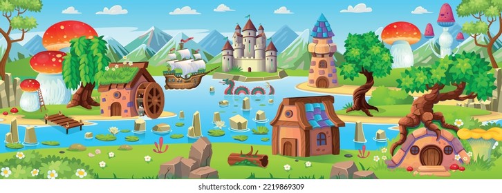 Landscape with islands, mountains and a river, houses of hobbits and gnomes, castle and lighthouse, mushrooms. Fantasy castle with towers on the island. Vector.