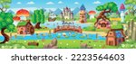 Landscape with islands, mountains and a river with wooden bridge, houses of hobbits and gnomes, castle and lighthouse, mushrooms. Fantasy castle with towers on the island. Vector.