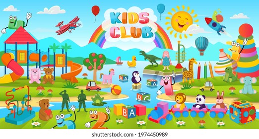 Landscape with islands, mountains and a river.Cartoon background with lots of toys and playground for kids.The concept of a children's playroom, birthday, kids club, kindergarten, school