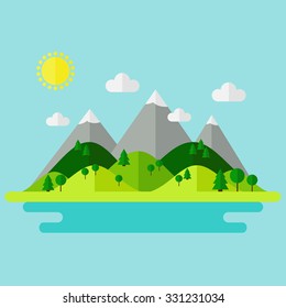 Landscape. Isolated nature landscape with mountains, hills. river and trees on background. Flat style vector illustration. 