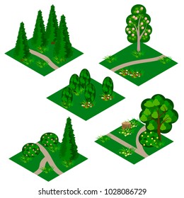 Landscape isometric tile set. Cartoon or game asset to create forest or garden landscape scene. Isolated isometric tiles with trees, flowers, bushes and walkway. Vector illustration