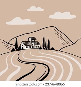 Landscape of an Italian vineyard with a winery against the background of mountains. Vintage background with mountain view. Template for wine label vector drawing hand drawn