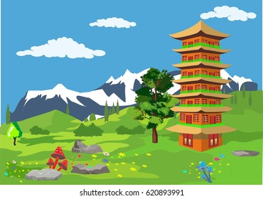  landscape of japan countryside with pagoda.