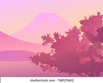 Landscape Japan  Spring - Pink background - parallax effect for website, banner, card, background, location for animation