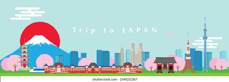 Landscape of Japan vector illustration.Trip to Japan poster.