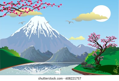 Landscape - Japanese spring. The cherry blossoms. Green hills. The mountain ridge. The volcano. Sunrise. Vector illustration