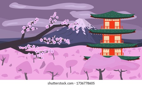 landscape in a Japanese theme with cherry blossoms, snow-capped mountain and a traditional building