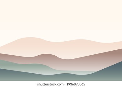 Landscape with Japanese wave. Beige, brown, green gray and white. Mountains and hills. Sandy dunes. Graphic design. Nature and ecology. Horizontal orientation. For social media, post cards and posters