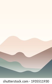Landscape with Japanese wave. Beige, green gray and white. Mountains and hills. Sandy dunes. Graphic design. Nature and ecology. Vertical orientation. Template for social media, post cards and posters