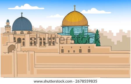 Landscape Of Jerusalem Old City With View Masjidil Al-Aqsa Mosque and The Dome Of The Rock. Jerusalem Palestine City Line Background, Drawing Vector illustration.