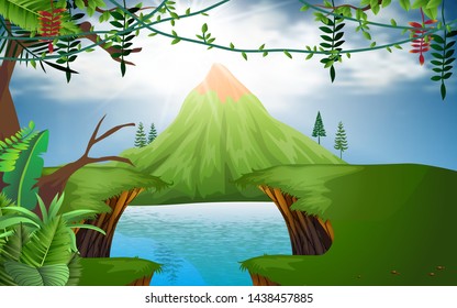 landscape of jungle at the lagoon with green mountain background
