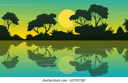 Landscape jungle at morning silhouettes