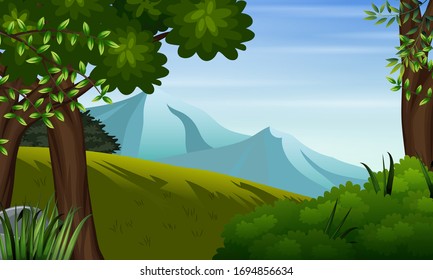 Landscape with jungle and mountain background