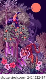 Landscape with jungle trees and animals for kids wallpapers. Vector