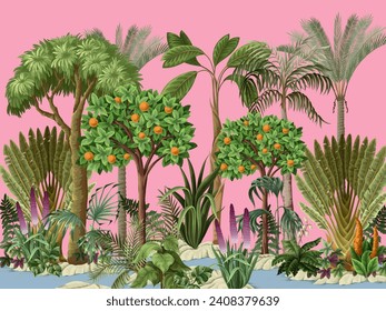 Landscape with jungle trees and flowers for kids wallpapers. Vector