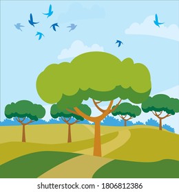 Paisaje, jungla, vector de árboles o ilustración para propósitos múltiples como afiche, libro, revista, tarjeta de saludo, cartel, etc.