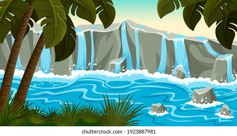 Landscape jungle with waterfall on stone rocks. Background with tropical palm trees and cascade falling water. Cartoon vector illustration.