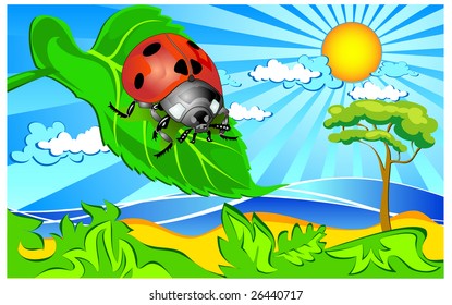 Landscape with ladybug sitting on a green leaf, vector illustration
