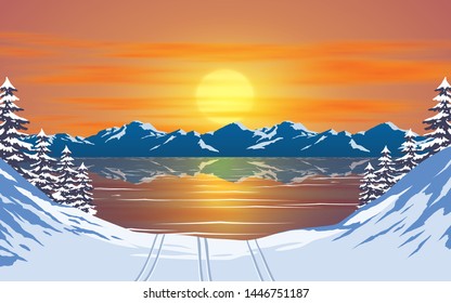 landscape of lagoon at the snow mountain in the morning