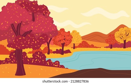 Landscape of a lake in autumn with trees Vector